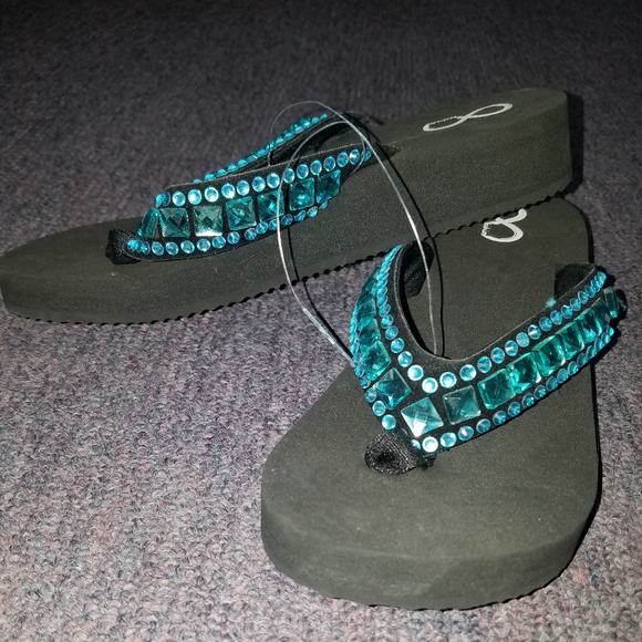 8 Bling Flip Flops, Size 9, New, Black, Turquoise - Picture 5 of 5